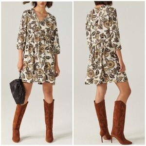 New Ba&Sh Volver Floral Paisley Print V-Neck Dress With 3/4 Sleeves XS